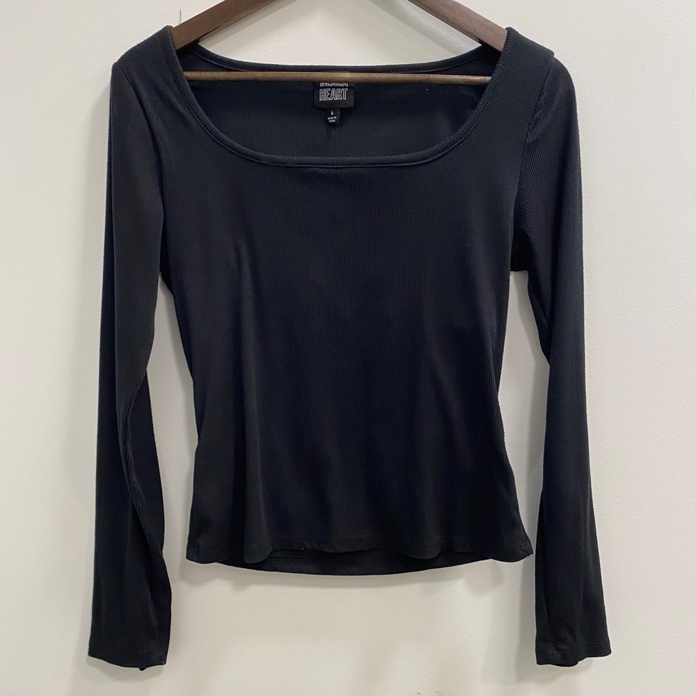 Derek Heart Long Sleeve Top Women Large Black Ribbed Square Neck Minimalist Goth